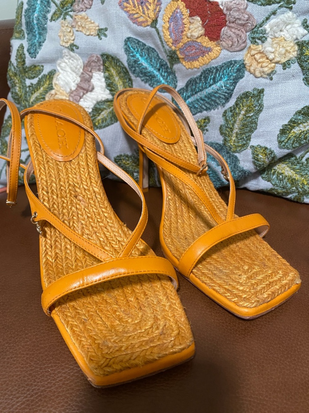 Coach Orange Raffia & Leather Strappy Heels 10